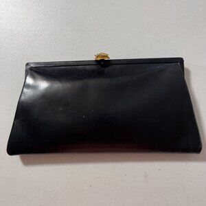 Vintage Bag by Dorian Black Clutch Purse with Gold Rose Clasp & Satin Lining